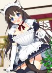  1girl animal_ears apron blue_eyes blush breasts brown_hair cat_ears cat_tail cleavage elbow_gloves frills garter_straps glasses gloves haru_(artist) highres lace_border long_hair maid maid_headdress mole mole_on_breast open_mouth ribbon skirt skirt_pull solo tail thigh-highs 
