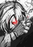  1boy cigarette enemy_tachi face glowing glowing_eyes hair_over_one_eye historical_revisionist male_focus monochrome red_eyes smoke solo spot_color touken_ranbu 