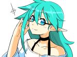  1boy adjusting_glasses aqua_eyes bust glasses goushu green_hair halterneck long_hair looking_at_viewer mira_misciano original simple_background smile solo trap white_background 