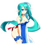  1girl absurdres ahoge blue_eyes bracelet breasts choker cleavage earrings goushu green_hair hair_bobbles hair_ornament highres jewelry leaning_forward long_hair looking_at_viewer no_bra no_panties original pointy_ears ribbon side_ponytail smile solo thigh_strap very_long_hair 