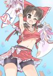  1girl ;d adapted_costume armpits belly bike_shorts blush bow breasts brown_eyes brown_hair cheerleader detached_sleeves fang hair_bow hair_ribbon hair_tubes hakurei_reimu heart long_hair midriff navel ofuda one_eye_closed open_mouth pom_poms puuakachan ribbon smile solo spoken_heart touhou under_boob 