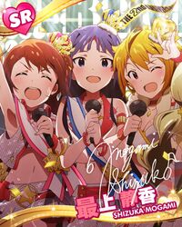  3girls aaniversary amami_haruka black_hair blue_eyes blush brown_hair character_name happy ibuki_tsubasa idolmaster idolmaster_million_live! long_ahir microphone mogami_shizuka red_eyes short_hair wink 