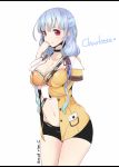  1girl blue_hair breasts cleavage long_hair looking_at_viewer red_eyes ripe.c solo 