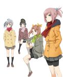  4girls arare_(kantai_collection) bike_shorts black_hair blue_eyes brown_eyes brown_hair grey_hair hands_in_pockets hasegawa_keita hat kagerou_(kantai_collection) kantai_collection kasumi_(kantai_collection) long_coat long_hair long_sleeves multiple_girls pink_hair pleated_skirt ponytail scarf shiranui_(kantai_collection) short_hair side_ponytail simple_background sitting skirt smile standing twintails violet_eyes white_background winter_clothes yellow_eyes 