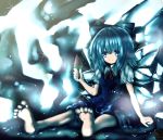  1girl bad_feet bare_shoulders blue_eyes blue_hair bow cirno hair_bow ice ice_wings moura_(kenyuugetu) popsicle sitting solo touhou watermelon_bar wings 