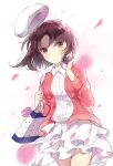  1girl bag beret brown_eyes brown_hair collared_shirt domotolain flower hand_in_hair handbag hat jacket katou_megumi layered_skirt petals saenai_heroine_no_sodatekata short_hair solo standing 