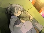  2girls drooling green_hair hug mononobe_no_futo multiple_girls sleeping soga_no_tojiko tagme touhou white_hair 