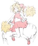  1girl adapted_costume blonde_hair cheerleader flandre_scarlet looking_at_viewer midriff navel no_hat one_eye_closed open_mouth pom_poms red_eyes ribbon short_hair sketch skirt smile solo teco_uk touhou wings 