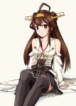  1girl ahoge black_legwear breasts brown_eyes brown_hair collarbone cowboy_shot headgear kantai_collection kongou_(kantai_collection) light_smile long_hair looking_at_viewer miniskirt monsuu_(hoffman) nontraditional_miko pleated_skirt ribbon-trimmed_sleeves ribbon_trim sarashi simple_background sitting skirt small_breasts solo thigh-highs white_background zettai_ryouiki 