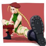  1girl antenna_hair blonde_hair blue_eyes bodypaint braid cammy_white camouflage combat_boots fingerless_gloves gloves leotard long_hair muscle scar small_breasts solo squatting street_fighter stretch tataizou thick_thighs thighs thong_leotard twin_braids 