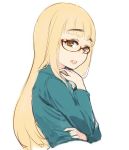  1girl amber_eyes blonde_hair eyebrows glasses long_hair long_sleeves mune open_mouth perrine_h_clostermann simple_background solo strike_witches white_background 