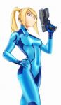  1girl bangs blonde_hair blue_eyes bodysuit cowboy_shot gun hand_on_hip handgun long_hair metroid pistol ponytail samus_aran skin_tight solo swept_bangs thomas_bramall weapon zero_suit 