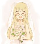  1girl :d blonde_hair bouquet bridal_veil closed_eyes collarbone dress eyebrows flower glasses long_hair mune open_mouth perrine_h_clostermann smile solo strike_witches veil wedding_dress 