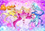  3girls :d amanogawa_kirara aqua_eyes blonde_hair blue_eyes blue_hair boots brown_hair choker cure_flora cure_mermaid cure_twinkle earrings flower_earrings gloves go!_princess_precure gradient_hair haruno_haruka holding_hands jewelry kaidou_minami long_hair looking_at_viewer magical_girl midriff monotorosu multicolored_hair multiple_girls navel open_mouth pink_hair ponytail precure seashell_earrings skirt smile star star_earrings thigh-highs thigh_boots twintails two-tone_hair very_long_hair violet_eyes white_gloves white_legwear 