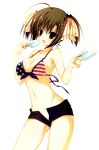  1girl :d absurdres american_flag_bikini bikini bikini_top breasts brown_eyes brown_hair cleavage flag_print highres inugami_kira large_breasts open_mouth popsicle short_hair short_shorts shorts smile swimsuit 