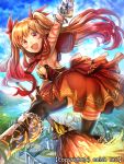  1girl black_legwear broom broom_riding character_request company_name dragon_tactics fang ichinose777 long_hair looking_back markings official_art open_mouth outdoors sky thigh-highs twintails 