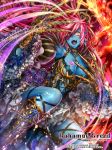  1girl bahamut_greed blue_skin breasts cleavage crotalaria long_hair redhead solo yellow_eyes 