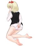  1girl ass barefoot blonde_hair finger_licking hair_ribbon highres kneeling kuro_suto_sukii licking long_sleeves looking_at_viewer looking_back no_pants open_mouth panties red_eyes ribbon rumia shirt solo tongue tongue_out touhou underwear vest white_panties 