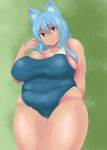  1girl animal_ears arm_behind_back bare_shoulders belly blue_hair breasts fat fox_ears green_eyes highres huge_breasts long_hair looking_at_viewer original smile solo soranosuke swimsuit thick_thighs thighs 