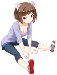  1girl animal_ears arm_support blush breasts brown_hair cat_ears cleavage green_eyes idolmaster idolmaster_cinderella_girls looking_at_viewer maekawa_miku nagian no_socks open_mouth shoes short_hair sitting solo 