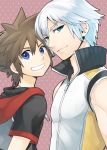  2boys blue_eyes brown_hair green_eyes jewelry kingdom_hearts kingdom_hearts_3d_dream_drop_distance looking_at_viewer male_focus multiple_boys necklace ng_sam parted_lips popped_collar riku sora_(kingdom_hearts) white_hair 