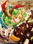 1girl blonde_hair blurry blush character_request checkered checkered_floor clenched_teeth company_name depth_of_field dragon_tactics drill_hair food food_themed_clothes fork fruit heart ichinose777 long_hair official_art perspective solo star strawberry sweat tears twin_drills 