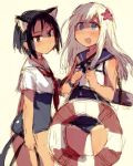  2girls :d animal_ears black_eyes black_hair blonde_hair blue_eyes cat_ears cat_tail character_check crop_top crossover flower hair_flower hair_ornament hashigo kantai_collection lifebuoy long_hair lowres multiple_girls one-piece_tan open_mouth ro-500_(kantai_collection) school_uniform serafuku short_hair smile strike_witches tail tan tanline torpedo unnamed_fusou_witch 