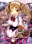  1girl ;d absurdres artist_request breasts brown_eyes brown_hair checkered checkered_floor food glass hamburger heart highres maid_headdress one_eye_closed open_mouth smile sparkle tagme tray twintails waitress 