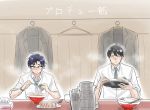  2boys black_hair blush bowl chopsticks eating food formal glasses idolmaster idolmaster_cinderella_girls multiple_boys necktie noodles producer_(idolmaster_anime) producer_(idolmaster_cinderella_girls_anime) ramen short_hair sitting suit 