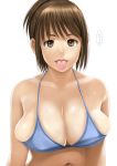  1girl :p bare_shoulders bikini bikini_top blue_bikini breasts brown_eyes brown_hair bursting_breasts bust kago_(lelien7) large_breasts looking_at_viewer navel original saliva shiny shiny_skin short_hair simple_background solo swimsuit tongue tongue_out translation_request white_background 