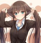  1girl blush brown_hair bunching_hair cardigan green_eyes highres idolmaster idolmaster_cinderella_girls long_hair looking_at_viewer necktie revision school_uniform shibuya_rin shuuichi solo twintails 