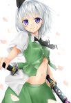  1girl ascot backlighting blue_eyes hair_ribbon highres katana konpaku_youmu midriff navel open_clothes open_shirt open_vest petals puffy_short_sleeves puffy_sleeves ribbon shiron_(e1na1e2lu2ne3ru3) shirt short_sleeves silver_hair skirt skirt_set smile solo sword touhou vest weapon 