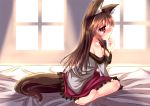  1girl animal_ears bare_shoulders barefoot bed blush breasts brown_hair dress finger_in_mouth imaizumi_kagerou karasuma_amiru large_breasts long_hair looking_away red_eyes sitting solo tail touhou wariza wolf_ears wolf_tail 
