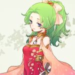  1girl bare_shoulders blue_eyes bow breasts butterfly cape cleavage covered_navel earrings final_fantasy final_fantasy_vi floral_print green_hair hair_bow jewelry kobayashi_kabura long_hair lowres necklace ponytail smile solo tina_branford 