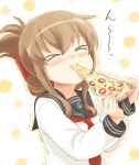  &gt;_&lt; 1girl anchor_symbol brown_hair closed_eyes commentary_request eating engiyoshi folded_ponytail food food_in_mouth hair_between_eyes inazuma_(kantai_collection) kantai_collection long_hair long_sleeves neckerchief pizza school_uniform serafuku simple_background solo 