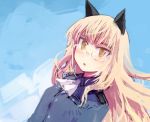  1girl animal_ears ascot blonde_hair cat_ears glasses hashigo long_hair lowres military military_uniform open_mouth perrine_h_clostermann solo strike_witches uniform yellow_eyes 