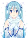  1girl bare_shoulders blue_eyes blue_hair blush detached_sleeves earmuffs hatsune_miku long_hair looking_at_viewer mittens scarf sleeveless smile snow snowing solo toko_yoshi twintails very_long_hair vocaloid yuki_miku 