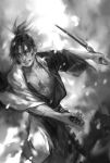  1boy blade_of_the_immortal greyscale japanese_clothes jitte katana kimono manji monochrome scar solo sword weapon yanyi 