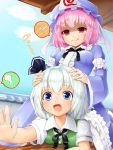  2girls arm_strap blue_dress blue_eyes blue_sky clouds dress empty_eyes flying_sweatdrops fork green_dress hair_ribbon head_grab highres hungry knife konpaku_youmu konpaku_youmu_(ghost) licking_lips mob_cap multiple_girls open_mouth pink_eyes pink_hair puffy_short_sleeves puffy_sleeves reaching_out ribbon saigyouji_yuyuko shaded_face shiron_(e1na1e2lu2ne3ru3) shirt short_sleeves silver_hair sitting sitting_on_person sky smile spoken_object tears touhou triangular_headpiece veil wide_sleeves 