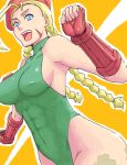  1girl abs acid_(artist) ahoge antenna_hair beret blonde_hair blue_eyes bodypaint braid breasts cammy_white camouflage fingerless_gloves gloves hat huge_ahoge leotard long_hair open_mouth scar sideboob skin_tight smile solo street_fighter thong_leotard twin_braids 