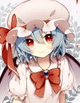  1girl bat_wings blue_hair bow brooch bust dyumo_(moffri) hat hat_bow jewelry light_smile mob_cap portrait puffy_short_sleeves puffy_sleeves red_eyes remilia_scarlet short_sleeves slit_pupils smile solo touhou wings 