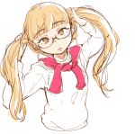  1girl alternate_hairstyle blonde_hair eyebrows glasses holding_hair long_hair long_sleeves looking_at_viewer mune open_mouth perrine_h_clostermann simple_background solo strike_witches sweater twintails white_background yellow_eyes 