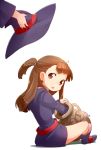  1girl akko_kagari boots brown_eyes brown_hair dated hat hat_removed headwear_removed little_witch_academia long_hair looking_at_viewer looking_back nagian open_mouth pot sitting solo_focus witch witch_hat 