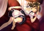  1girl apron blush breasts brown_eyes brown_hair cleavage doubleforty long_hair looking_at_viewer maid original panties parted_lips puffy_sleeves short_sleeves solo tears thigh-highs twintails unbuttoned underwear white_legwear wrist_cuffs 