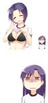  2girls :d :| ^_^ bikini black_bikini blue_eyes blue_hair blush breast_envy breasts brown_eyes cleavage closed_eyes dated gym_shirt highres idolmaster jitome kisaragi_chihaya large_breasts long_hair miura_azusa multiple_girls nagian open_mouth shaded_face shirt_lift short_hair smile staring swimsuit 