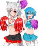  2girls animal_ears arm_up armpits blue_eyes blue_hair blush breasts cheerleader cleavage highres inubashiri_momiji katsumi5o large_breasts looking_at_viewer midriff miniskirt mound_of_venus multiple_girls navel no_hat one_eye_closed open_mouth pom_pom_(clothes) pom_poms red_eyes short_hair silver_hair simple_background skirt tail tatara_kogasa thigh-highs touhou white_background white_legwear wolf_ears wolf_tail 