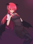  1girl bat_wings black_legwear hands_on_own_chest head_wings highres kakone koakuma long_hair looking_at_viewer multiple_wings pointy_ears red_eyes redhead short_sleeves simple_background skirt smile solo thigh-highs touhou vest wings 