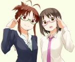  2girls adjusting_glasses akizuki_ritsuko antenna_hair blush brown_eyes brown_hair dated glasses idolmaster idolmaster_cinderella_girls kamijou_haruna looking_at_viewer multiple_girls nagian open_mouth short_hair smile yellow_eyes 