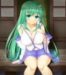  1girl bare_shoulders blush breasts cafeore cleavage detached_sleeves frog frog_hair_ornament green_eyes green_hair hair_ornament highres kochiya_sanae large_breasts long_hair looking_at_viewer navel porch sitting skirt smile snake solo touhou 