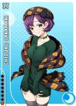  1girl black_legwear bow card_(medium) character_name choker crescent_moon green_eyes hat looking_at_viewer love_live!_school_idol_festival love_live!_school_idol_project mole mole_under_eye moon official_art purple_hair sakamaki_chidzuko scarf short_hair smile solo sweater thigh-highs 